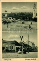 Szilágycseh, Cehu Silvanei; piactér, templom, Országzászló, busz / market, church, flag, autobus