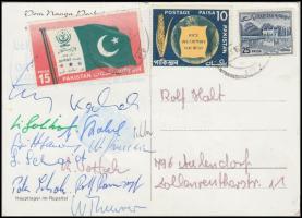 cca 1960 Az osztrák  Nanga Parbat Expedíció hegymászó tagjai által aláírt képeslap / ca 1960 Autograph signed postcard of the climber members of the Austrian Nanga Parbat Expedition.