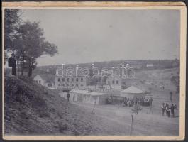 cca 1900 Etyeki utcarészletek(községháza az iskolával, gyógyszertár, katolikus templom, kilátás a Ká...