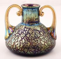 Szecessziós irizáló füles váza, fújt üveg, sérült, jelzés nélkül / Art nouveau glass vase. Cracked. m:13 cm
