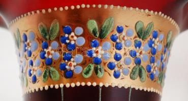 Díszváza, kézzel festett zománc díszítéssel, fújt üveg, jelzés nélkül, nagyon apró csorbával / Glass...