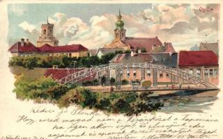 3 db RÉGI városképes litho képeslap, Orsova, Abbázia, Győr, vegyes minőség / 3 old town-view litho postcards, mixed quality