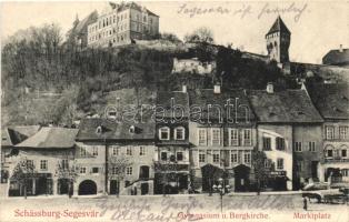 Segesvár, Schassburg, Sighisoara; piac, gimnázium, templom, F. Lingner üzlete / market, grammar school, church, shop (EK)