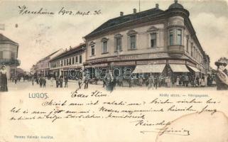 Lugos, Lugoj; Király utca, Grünberger Ede boltja, Fenyves Oszkár boltja, Haberehrn Antal fiókja / street, shops (EB)