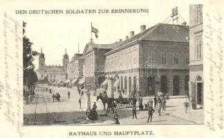 Debrecen, Főtér, Városháza, Tóth Gyula üzlete, 'Den Deutschen Soldaten zur Erinnerug' / 'a német katonáknak emlékül' (EK)