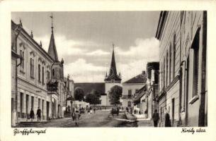 Bánffyhunyad, Huedin; Király utca, templom / street, church