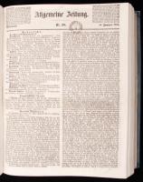 1858 Az Allgemeine Zeitung I. negyedéves számai bekötve korabeli papírkötésben. Regiszterrel, szép á...