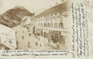 1900 Déva; Fő utca, Pap Jenő üzlete, Lengyel Dániel üzlete, Schuleri Fritz üzlete, várrom / street, shops, castle ruins, photo