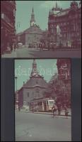 cca 1943 Budapest, Ferenciek tere, a 44-es és 17-es villamos, korabeli színes diapozitív felvételről készült mai nagyítás, 9x13 cm
