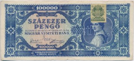 1945. 100.000P "kék", zöld "MNB" bélyeggel T:III kis szakadás Hungary 1945. 100.000 Pengő "blue" with green stamp C:F small tear Adamo P24e
