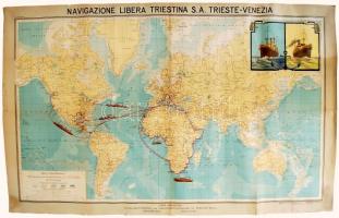 cca 1920 Navigazione Libera Triestina SA. hajózási vállalat nagyméretű grafikus világtérképe, a hajózási útvonalakkal / cca 1920 Italy, Navigazione Libera Triestina SA. large world map with the lines and ship graphics on canvas. 90x75 cm