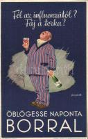 Fél az influenzától? Fáj a torka? Öblögesse naponta borral; kiadja a Szőlő- és Borpropaganda Iroda / Hungarian wine advertisement, humour s: Gönczi Gebhardt (EK)