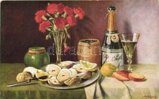 Fruits, champagne, still life, Peluba No. 231, artist signed (EB)