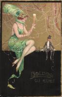 New Year art postcard, lady, gentleman, HWB Ser. 12886. Art Nouveau litho (EK)