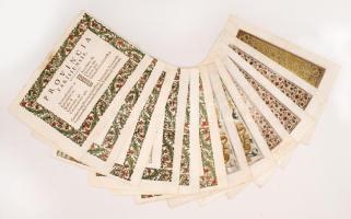 Nagy XVII. sz. metszet tétel: Összesen 12 db nagyméretű, díszes metszet:  cca 1646, Ferencesrendi Capucinórium: Carographia Descriptio..., Díszcímlapok. Floreális, színezett díszkeretben. 6db. 25,5x34,5cm + cca 1646, Ferencesrendi Capucinórium: Carographia Descriptio...,  Díszcímlapok, újkori spanyol stílusú díszekreteben: "Provincia di Tolosa", Provincia D'Andalusia". 2 db. 25,5x34,5cm + cca 1646, Ferencesrendi Capucinórium: Carographia Descriptio...,  Díszcímlapok. Aragonia, Aquitania, Colonia... Gazdag spanyol stílusú florális keret mintával. 4db. 25,5x34,5cm / 12large etchings from the XVIIth century