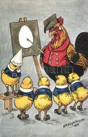 Rooster teacher with chicken students, Raphael Tuck & Sons Oilette Nr. 1245. s: Shepheard