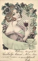 Lady with wine, grapes, Art Nouveau floral (EK)