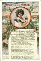 Gruss von der Mosel, Mosel-Lied / Wine song, lady, grapes, Jacob Kron Kunst-Verlag Nr. 411.  (EK)