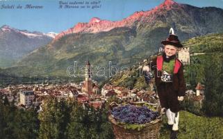 Merano, Meran; town-view, child with grapes, collage