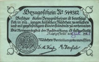 Bezugschein No. 549312. Mädchen Verteilungskommission / Ration card humour, certificate of marriage intent; 'Gróf Esterházy Ferencz uradalmi pezsgőgyára' glued advertisement on the backside