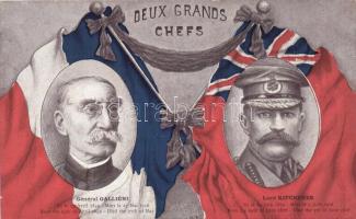 Deux Grands Chefs; General Gallieni, Lord Kitchener / WWI Franco-British Union, Joseph Gallieni, Herbert Kitchener, flags, J. Picot No. 81.