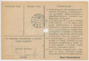 1946. 10.000.000AP nem kamatozó Pénztárjegy "Másra Át Nem Ruházható", "M.Kir.Postatak...