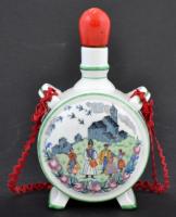 Népi motívumos Zsolnay porcelán kulacs, matricás, jelzett, kis kopásnyomokkal, 19 cm