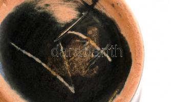 Dekoratív, kék mázas kerámia váza, jelzett, apró kopásnyomokkal, m: 19 cm