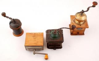 4 db régi kávédaráló, különböző méretben, 7×12-17×22 cm