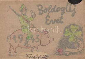 1943 II. világháborús újévi üdvözlőlap, katona disznóháton / World War II Hungarian New Year greeting card, soldier rides on a pig (fl)