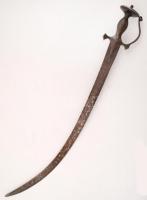 Régi indiai talwar, rozsdás, pengéjén talán későbbi naiv díszítéssel, pengehossz: 75,5 cm, teljes hossz: 87,5 cm /  Antique talwar Indian sword, rusty, ornated with naive motifs on the blade (probably added later), blade length: 75,5 cm, full length: 87,5 cm