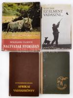 4 db vadászattal kapcsolatos könyv-szász Imre: Ez elment vadászni. Bp., 1984, Szépirodalmi Könyvkiadó; Kittenberger Kálmán: Afrikai vadászkönyv. Bp., 1986, Kentaur Könyvek; Schomburgk, Hans: A vadon érverése. Bp., 1956, Művelt Nép Könyvkiadó; Ullrich, Wolfgang: Nagyvadak nyomában. Bp., 1966, Táncsics Könyvkiadó. Kartonált kötés, kötetenként változó állapotban.