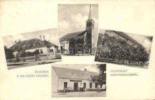 Nagymagyar, Zlaté Klasy; Fogyasztási és értékesítő szövetkezet, Róm. katolikus templom és iskola / cooperative, Roman Catholic church and school (EK)