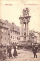 Selmecbánya, Banská Stiavnica; Szentháromság szobor, piac, kiadja Grohmann / statue, market