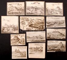 Magyar várak rézmetszetű képeinek gyűjteménye a XVII. századból. Összesen 17 db. Munkács, Szolnok, Szabács, Várpalota, Zsámbék, Eszék, Szikszó, Nyitra, Lipótvár, Szatmár, Tata, Szente, Bécsújhely, Berence, Szatmár, Fülek, Gyula, Törökszentmiklós, Pozsony, Csicsva, Sziszek, Nógrád, Pannonhalma, Novigrad / XVIIth century etchings of historical castles from Kingdom of Hungary sizes about, Alltogether 10x7 cm