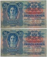 1913. 20K II. kiadás (2x) sorszámkövetők, "Deutschösterreich" felülbélyegzéssel mindkettő ...