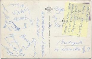1955 Az FTC csapattagjainak aláírása a Máltáról hazaküldött képeslap hátoldalán(Henniz, Láng, Vilezsál, Orosz, Kertész, stb.)