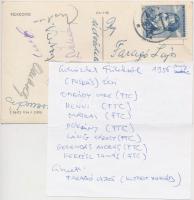 1956 Puskás, Ombódy Imre, Henni, Mátrai, Dékány, Láng Károly, Gerendás András, Kertész Tamás aláírása a Faragó Lajosnak küldött képeslap hátoldalán