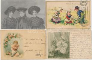 20 db RÉGI motívum képeslap, kutyák, hölgyek, üdvözlőlapok, vegyes minőség, néhány litho, leporellós...