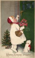 Christmas, child, greeting card, litho