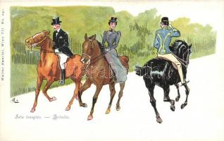 Sétalovaglás / Horse riding, romantic art postcard, Walter Haertel No. 291. litho, artist signed