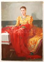 Takács István (1901-1985): Hímző leány. Olaj, vászon, jelzett, 70×50 cm
