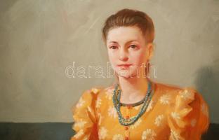 Takács István (1901-1985): Hímző leány. Olaj, vászon, jelzett, 70×50 cm