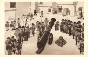 1933 Chicago Worlds Fair art postcard, They admire the old gun; Messrs Wellens & Godenne s: Jean Dratz