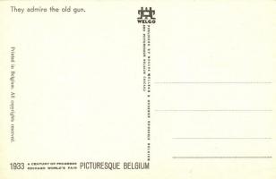 1933 Chicago World's Fair art postcard, They admire the old gun; Messrs Wellens & Godenne s...
