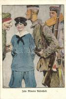 Zehn Minuten Aufenthalt, Die Frau im Beruf / WWI K.u.K. military art postcard, lady mariner, 8 Künstler-Postkarten der Lusstigen Blätter