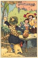 Jardin dAuberge / Drunk couple, humorous art postcard, litho s: George P. de Laet (EK)