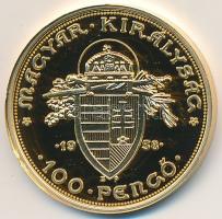 DN "Magyar aranypénzek utánveretben - 1938. 100 pengő" aranyozott Ag emlékérem tanúsítvánn...