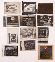 cca 1940-1950 Fekete György (1904-1990) budapesti fényképész specialitása a mozikban nagyfilmek előtt vetített álló diapozitív reklámképek voltak, ez az összeállítás különféle szolgáltatásokkal, árucikkekkel kapcsolatos reklámokat, tájékoztatókat tartalmazza, 12 db üveglemezkép, egy része színezett, 8x8 cm és 6x9 cm közötti méretekben