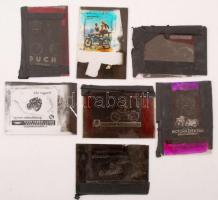 cca 1940-1950 Fekete György (1904-1990) budapesti fényképész specialitása a mozikban nagyfilmek előtt vetített álló diapozitív reklámképek voltak, ez az összeállítás autókkal, motorokokkal kapcsolatos reklámokat, tájékoztatókat tartalmazza, 7 db reklámkép üveglemezen, 6x9 cm